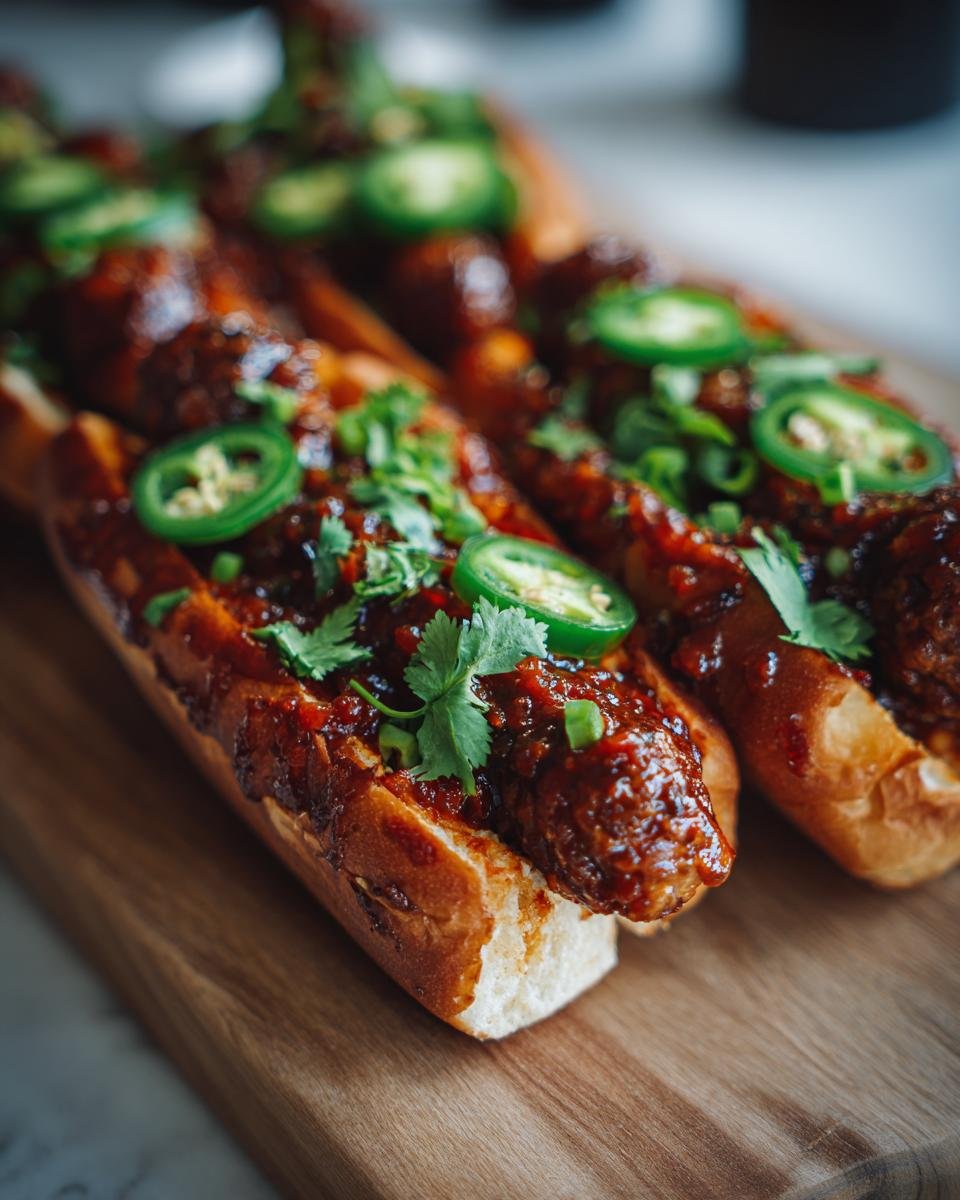 Nahaufnahme von w&uuml;rzigen Firecracker Hot Dogs mit Jalape&ntilde;os und Koriander auf einem Holzbrett.