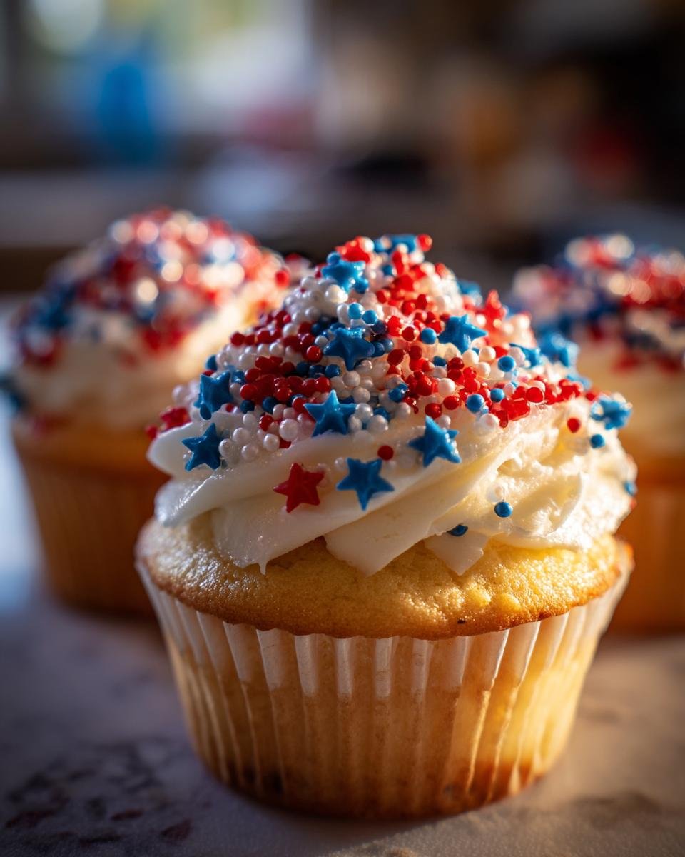 Nahaufnahme von Sterne & Streifen Cupcakes mit weißer Glasur und roten, weißen und blauen Streuseln für den 4. Juli.