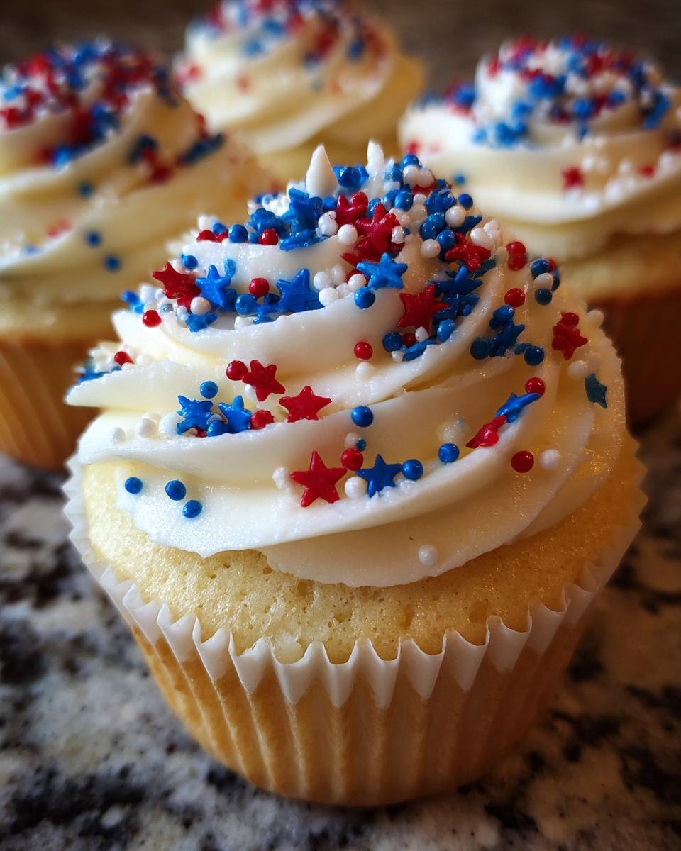 Nahaufnahme von Sternen & Streifen Cupcakes mit weißer Glasur und roten, blauen und weißen Streuseln für den 4. Juli.
