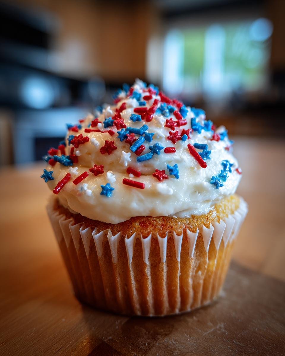 Ein einzelner Cupcake mit weißer Glasur und rot-blauen Sternen- und Stäbchenstreuseln, perfekt für den 4. Juli.