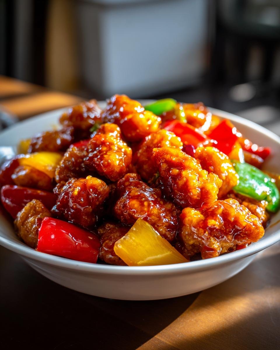 Nahaufnahme von süß-saurem Hähnchen mit Paprika und Ananas in einer Schüssel.