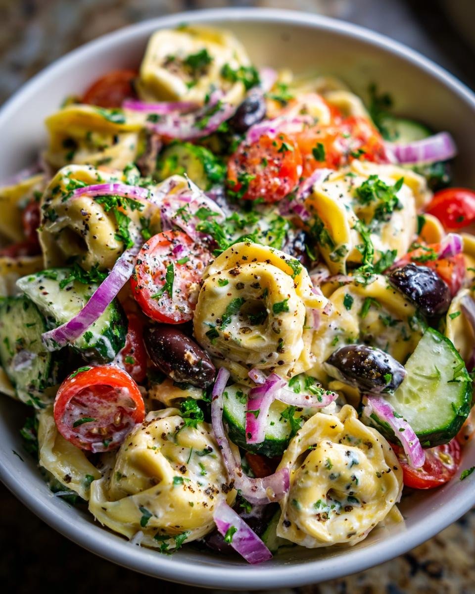 Nahaufnahme eines unwiderstehlichen Tortellini Nudelsalats mit Tomaten, Gurken, roten Zwiebeln und Oliven.