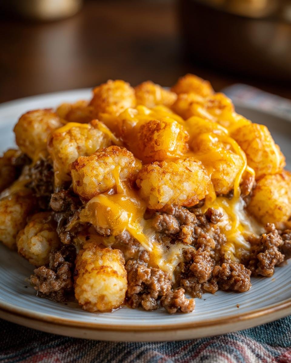 Close-up of Ultimate Cheeseburger Tater Tot Casserole with ground beef and melted cheese.