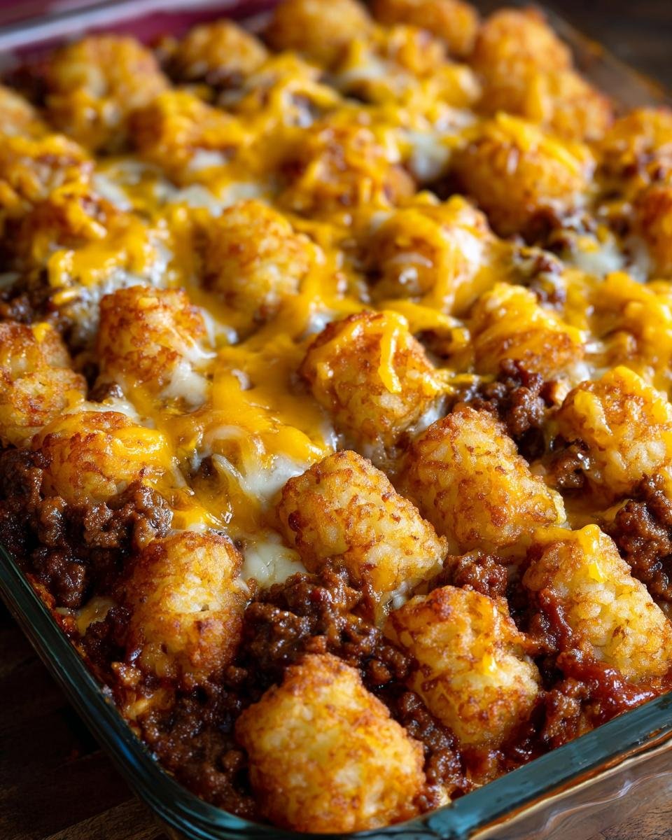 Close-up of Ultimate Cheeseburger Tater Tot Casserole with melted cheese and golden tater tots.