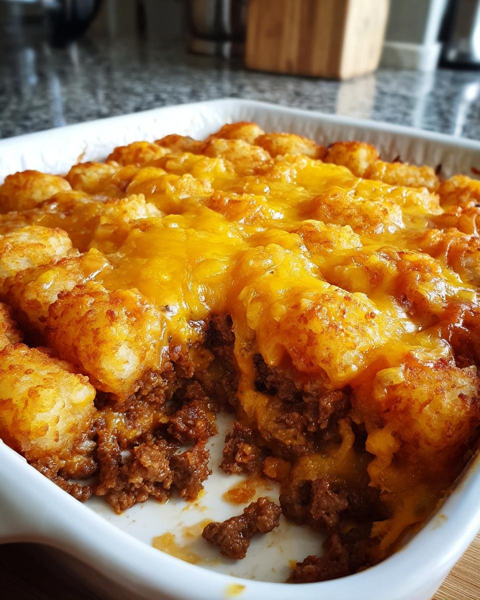 Nahaufnahme einer Auflaufform mit Ultimate Cheeseburger Tater Tot Casserole, bedeckt mit geschmolzenem K&auml;se und Tater Tots.