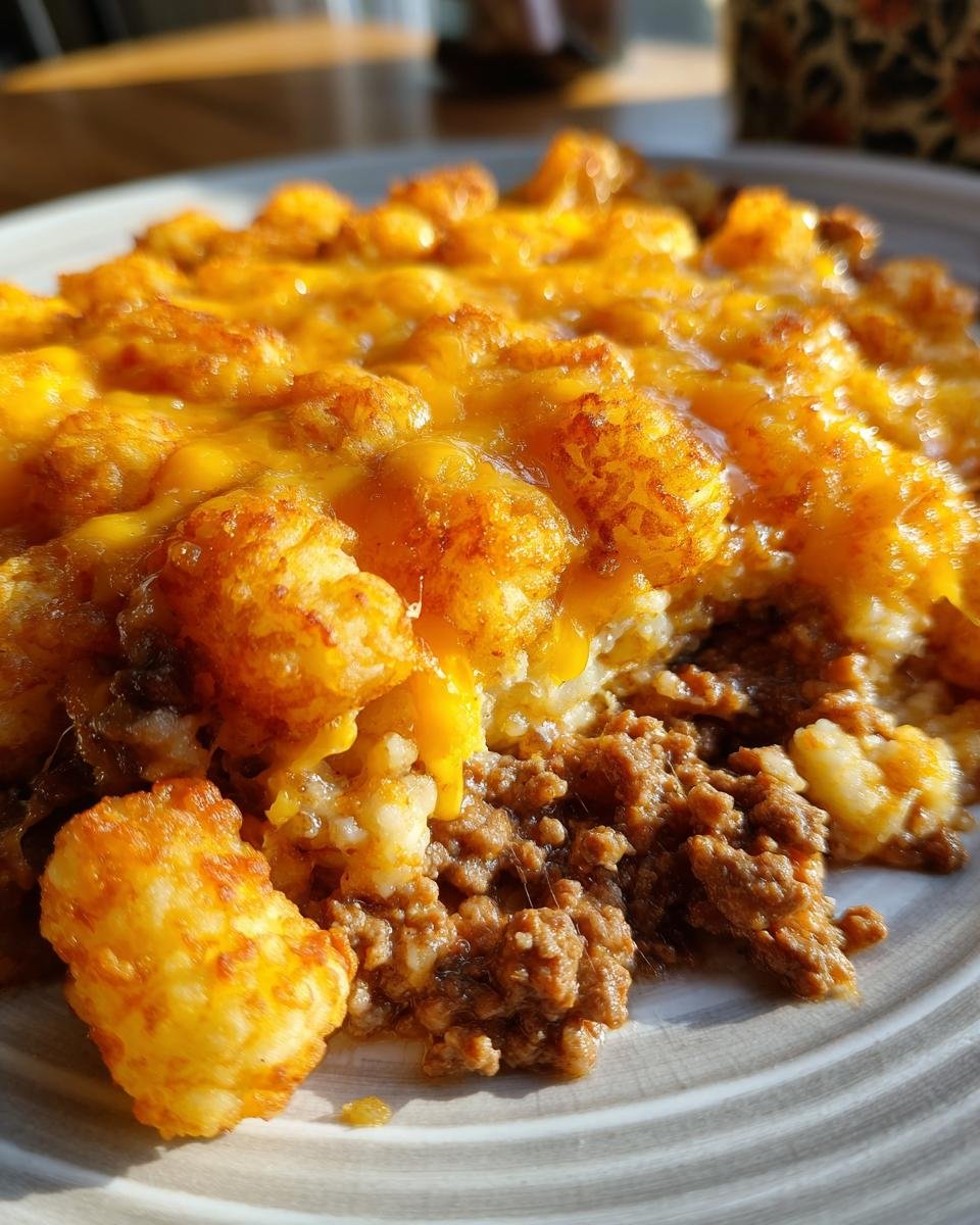 Nahaufnahme der Ultimate Cheeseburger Tater Tot Casserole mit geschmolzenem K&auml;se und Hackfleisch.