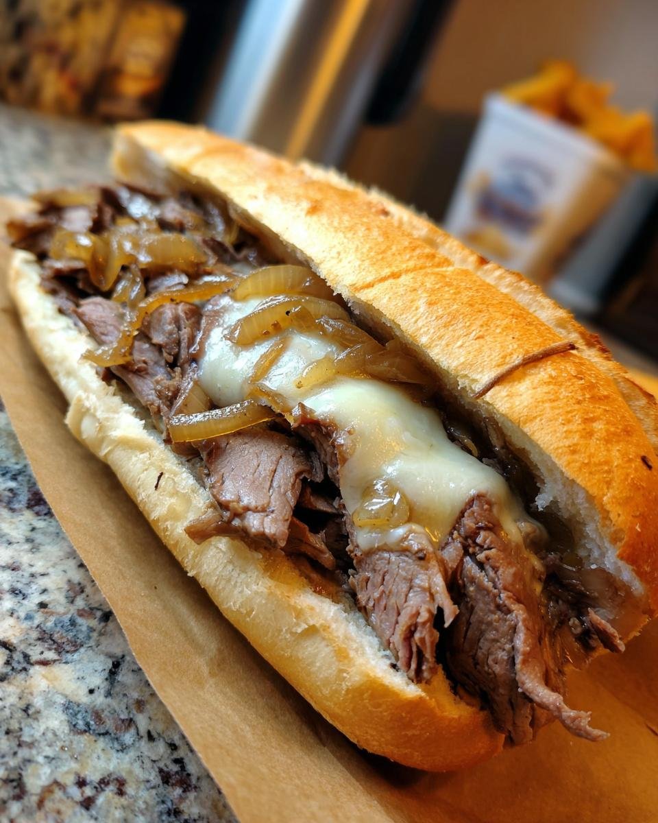 Nahaufnahme eines Ultimate Philly Cheese Steak Sandwiches mit zartem Rindfleisch, geschmolzenem K&auml;se und karamellisierten Zwiebeln auf einem Baguette.