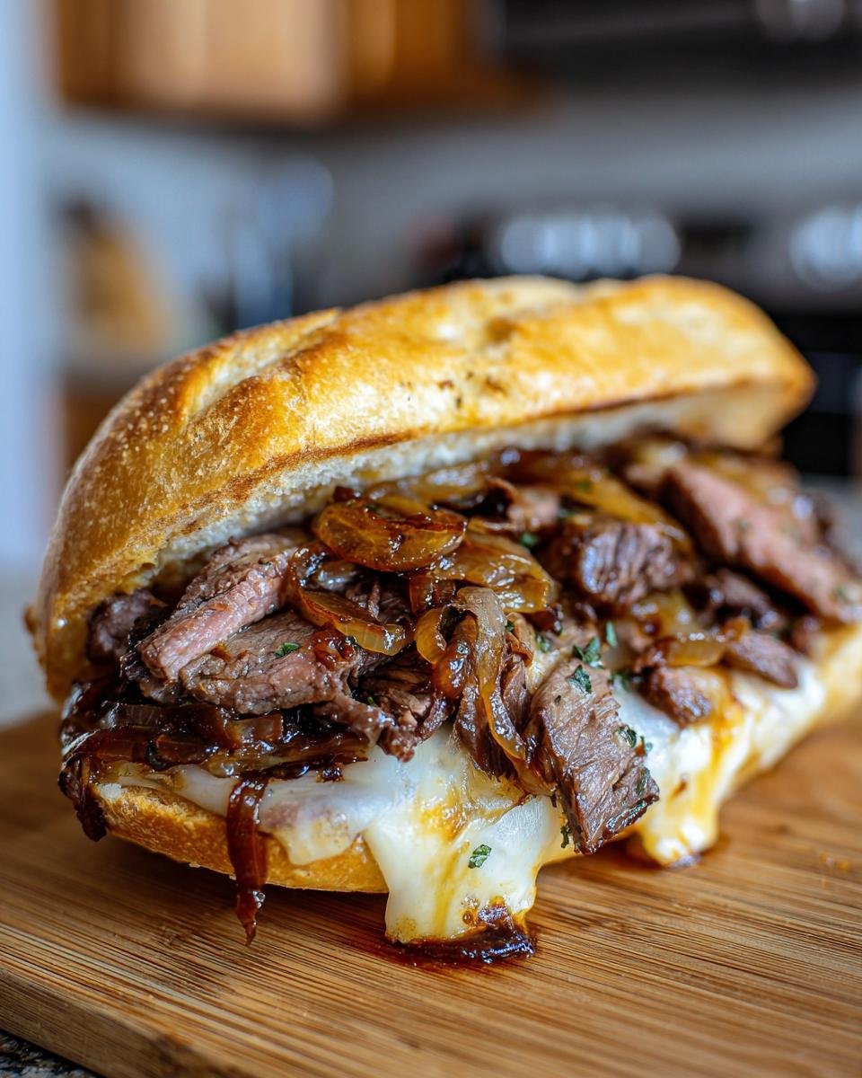 Ein saftiges Philly Cheese Steak Sandwich mit d&uuml;nn geschnittenem Steak, geschmolzenem K&auml;se und karamellisierten Zwiebeln auf einem Baguette.