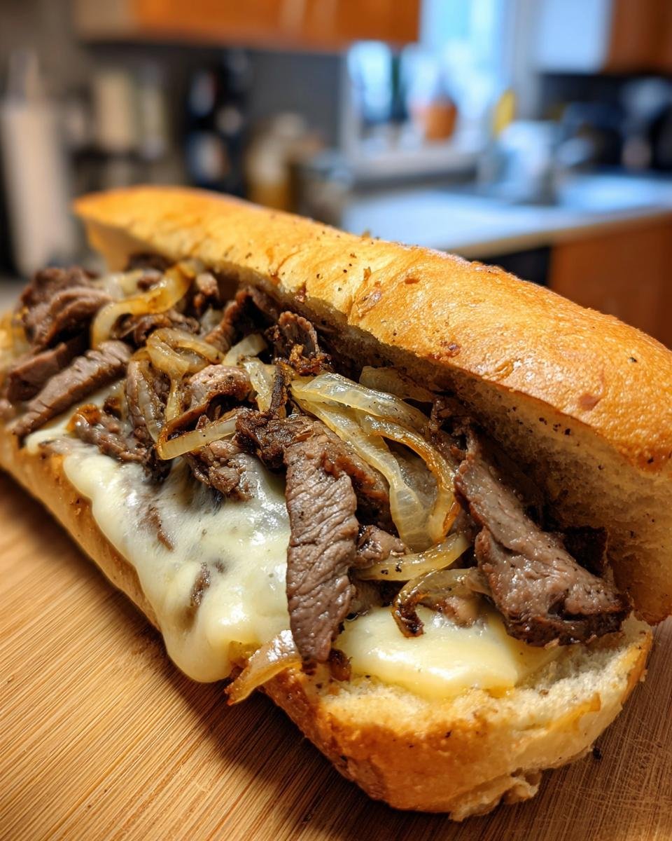 Ein saftiges Philly Cheesesteak mit geschmolzenem Käse, zarten Rindfleischstreifen und karamellisierten Zwiebeln auf einem Baguette.