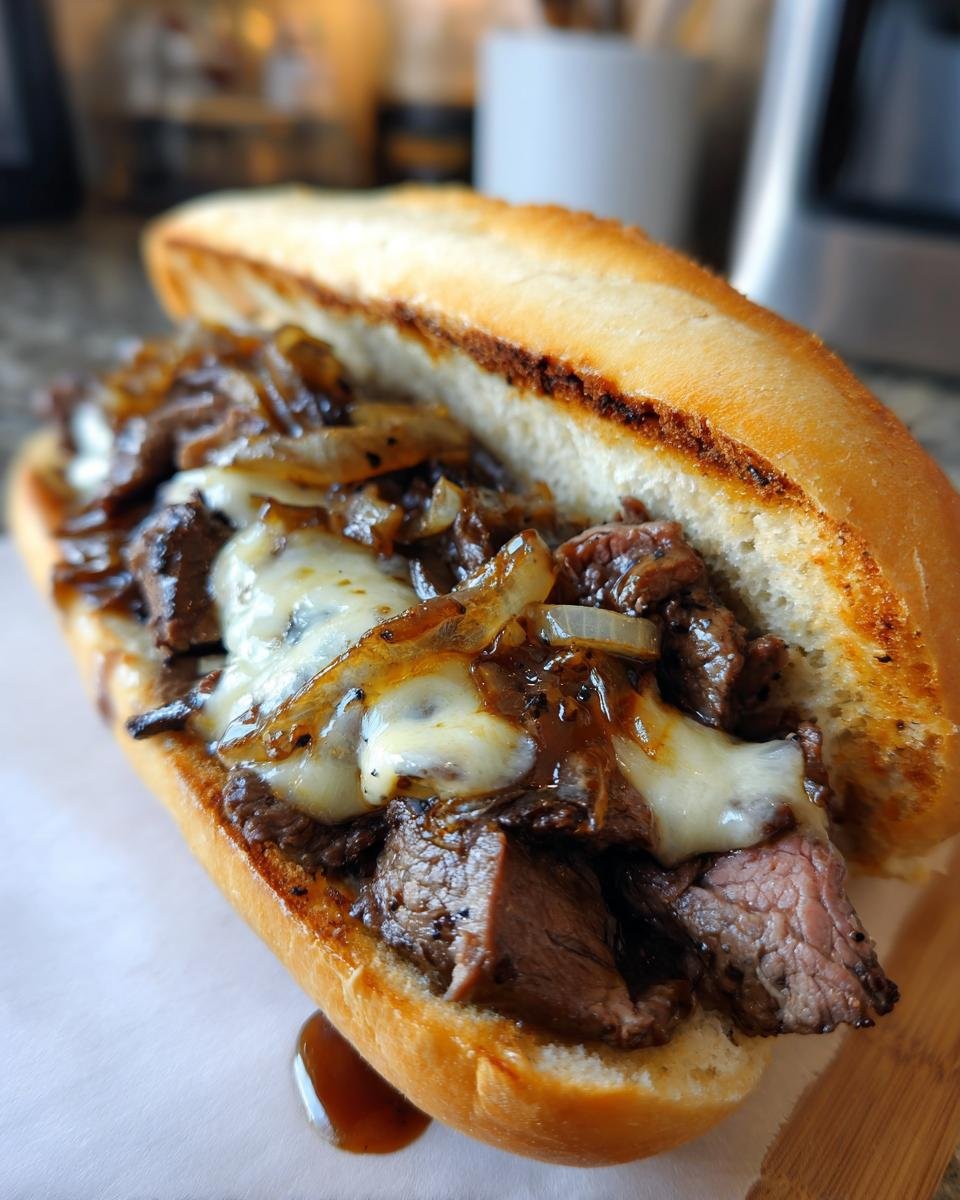 Nahaufnahme eines saftigen Philly Cheesesteak mit geschmolzenem Käse und karamellisierten Zwiebeln auf einem Brötchen.