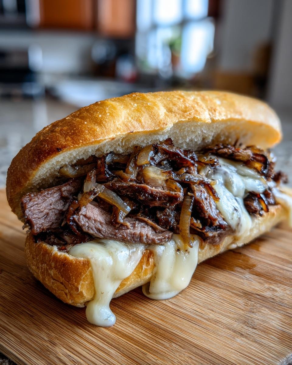 Ein saftiges Philly Cheesesteak mit geschmolzenem Käse und karamellisierten Zwiebeln auf einem Holzbrett.