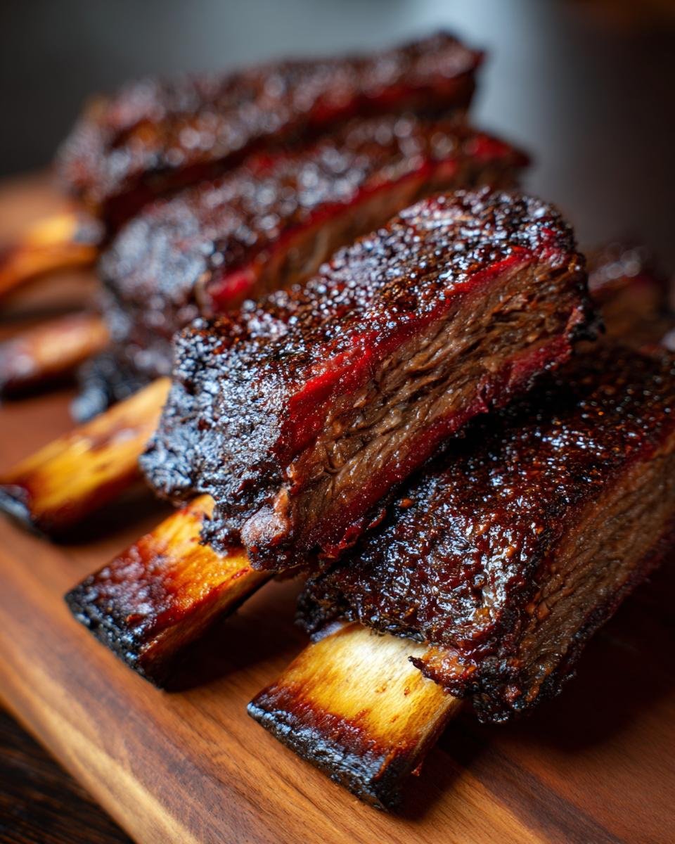 Nahaufnahme von saftigen, ger&auml;ucherten Rinderrippen, perfekt f&uuml;r BBQ-Liebhaber.