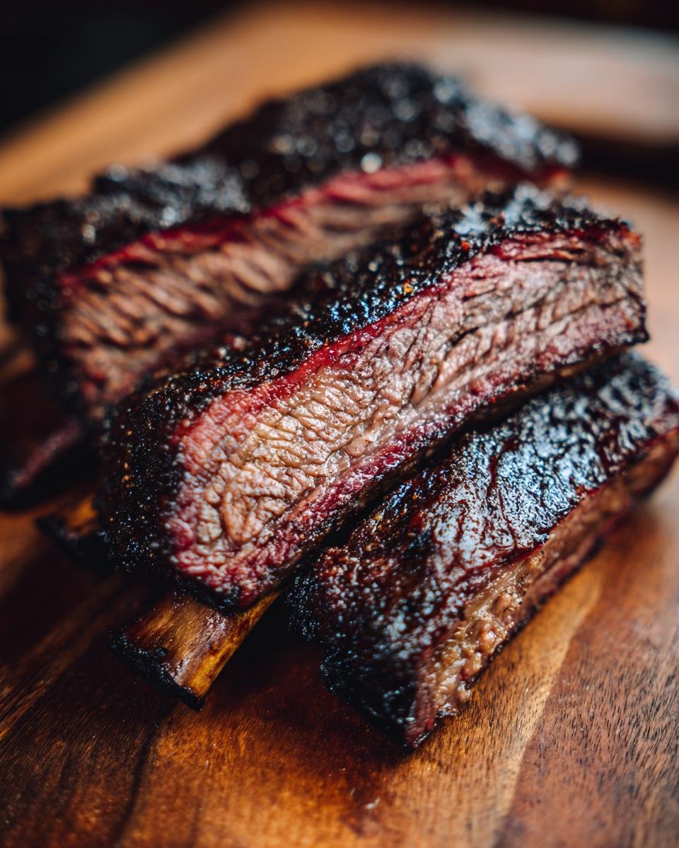 Nahaufnahme von saftigen, ger&auml;ucherten Rinderrippen mit einer dunklen Kruste, perfekt f&uuml;r BBQ-Liebhaber.