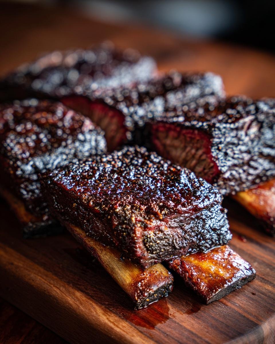 Nahaufnahme von Ultimate Smoked Beef Ribs auf einem Holzbrett, mit saftigem Fleisch und dunkler Kruste.
