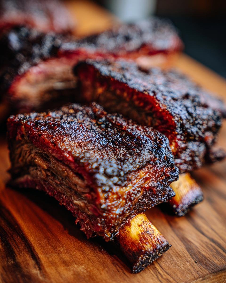 Nahaufnahme von saftigen, ger&auml;ucherten Rinderrippen auf einem Holzbrett, perfekt f&uuml;r BBQ-Liebhaber.