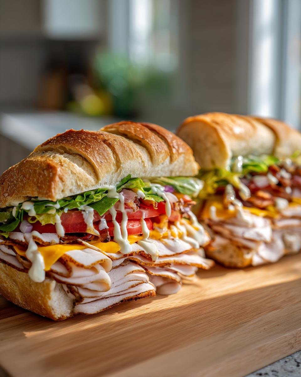 Nahaufnahme eines ultimativen Subway Sandwiches mit viel Truthahn, Käse, Tomaten, Salat und Sauce.