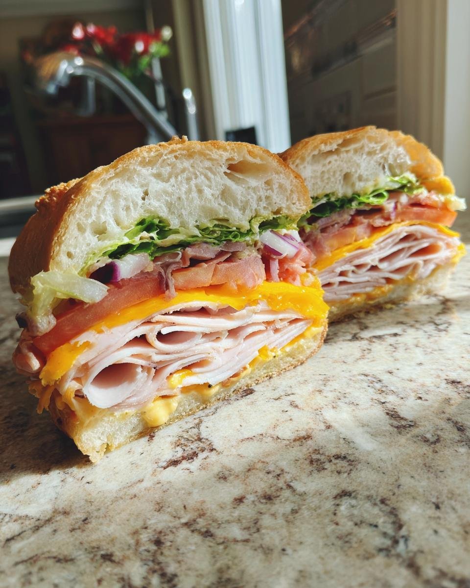 Ein aufgeschnittenes Subway Sandwich mit viel Putenbrust, Käse, Tomaten, Zwiebeln und Salat.
