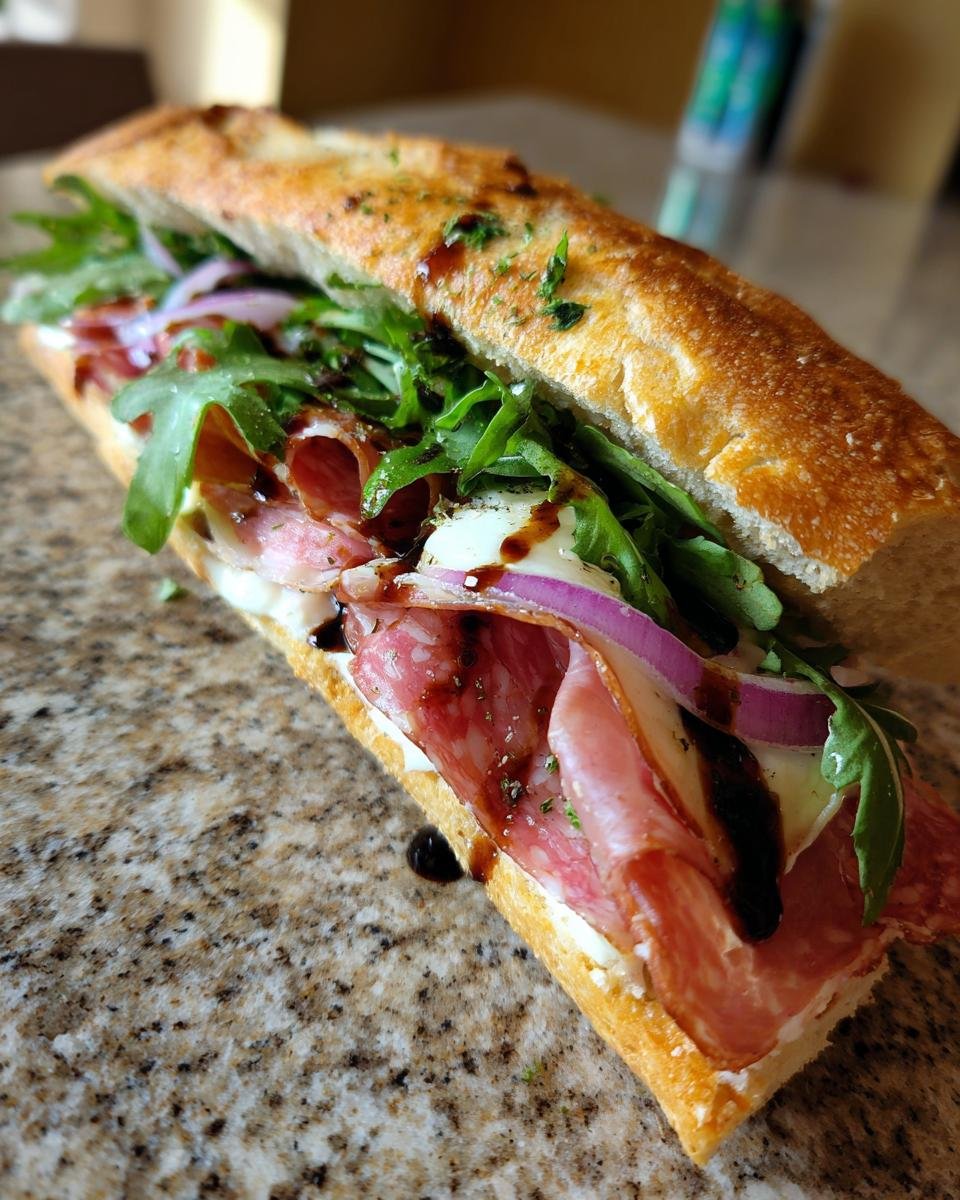 Nahaufnahme eines unglaublichen italienischen Sandwiches mit Salami, Rucola und roten Zwiebeln.