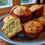 Nahaufnahme von unwiderstehlichen Avocado-Muffins auf einem Teller, einer davon halbiert, um die weiche Textur zu zeigen.