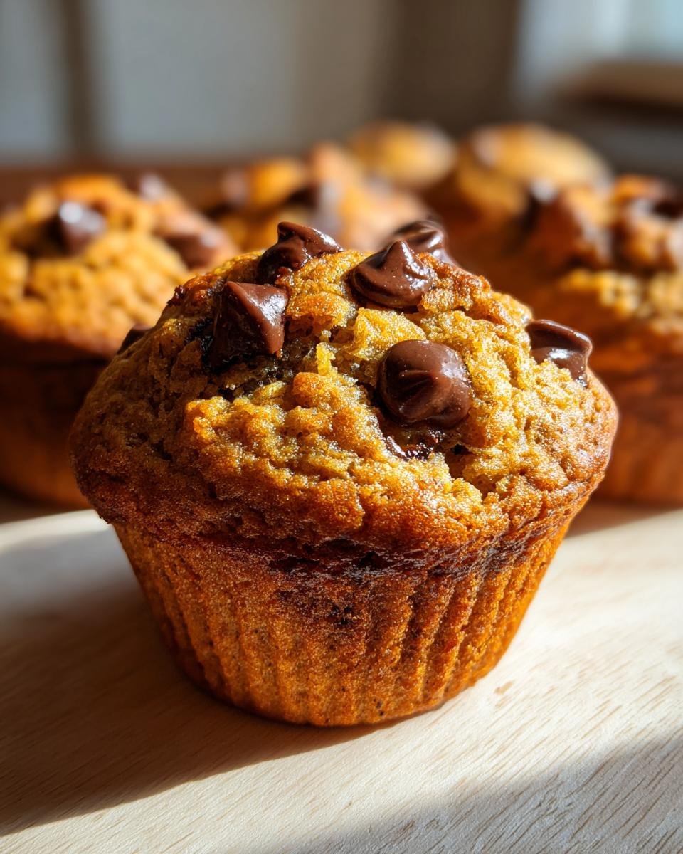 Nahaufnahme eines unwiderstehlichen Bananen-Schoko-Muffins mit geschmolzenen Schokoladenstückchen obendrauf.