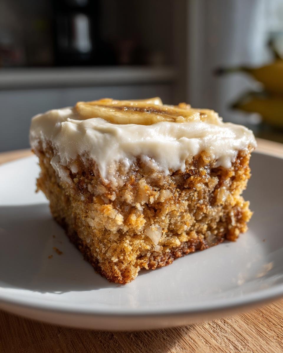 Ein St&uuml;ck unwiderstehliche Bananenriegel mit cremigem Frischk&auml;se-Frosting und Bananenscheiben obendrauf.