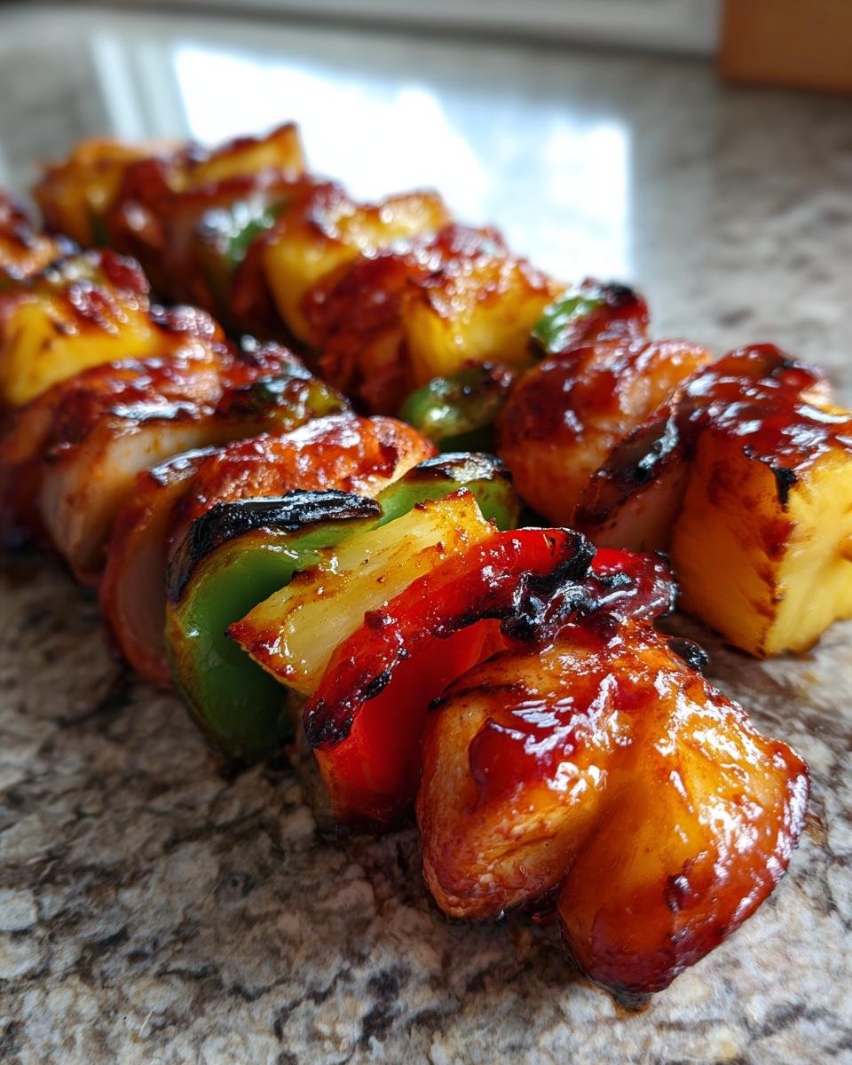 Nahaufnahme von unwiderstehlichen BBQ Ananas Hähnchen Spießen mit gegrillten Paprika und Zwiebeln, glasiert mit BBQ-Sauce.