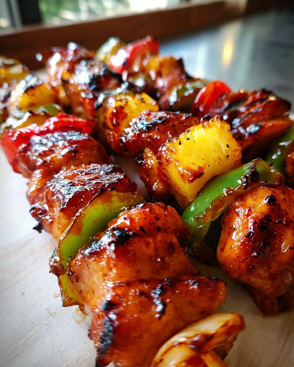 Nahaufnahme von unwiderstehlichen BBQ Ananas Hähnchen Spießen mit gegrilltem Hähnchen, Ananas und Paprika.