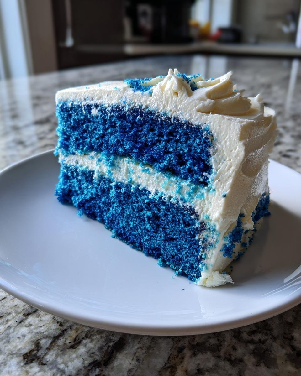 Ein St&uuml;ck unwiderstehliche blaue Samttorte mit wei&szlig;er Glasur und blauer Dekoration auf einem wei&szlig;en Teller.