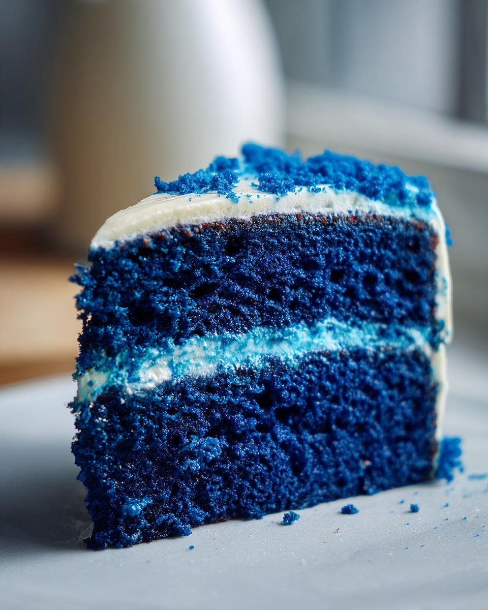 Ein St&uuml;ck unwiderstehliche Blaue Samttorte mit wei&szlig;er Glasur und blauen Kr&uuml;meln.