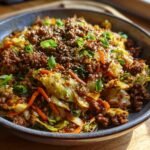 Nahaufnahme einer Sch&uuml;ssel mit unwiderstehlicher Egg Roll In A Bowl, garniert mit Sesam und Fr&uuml;hlingszwiebeln.