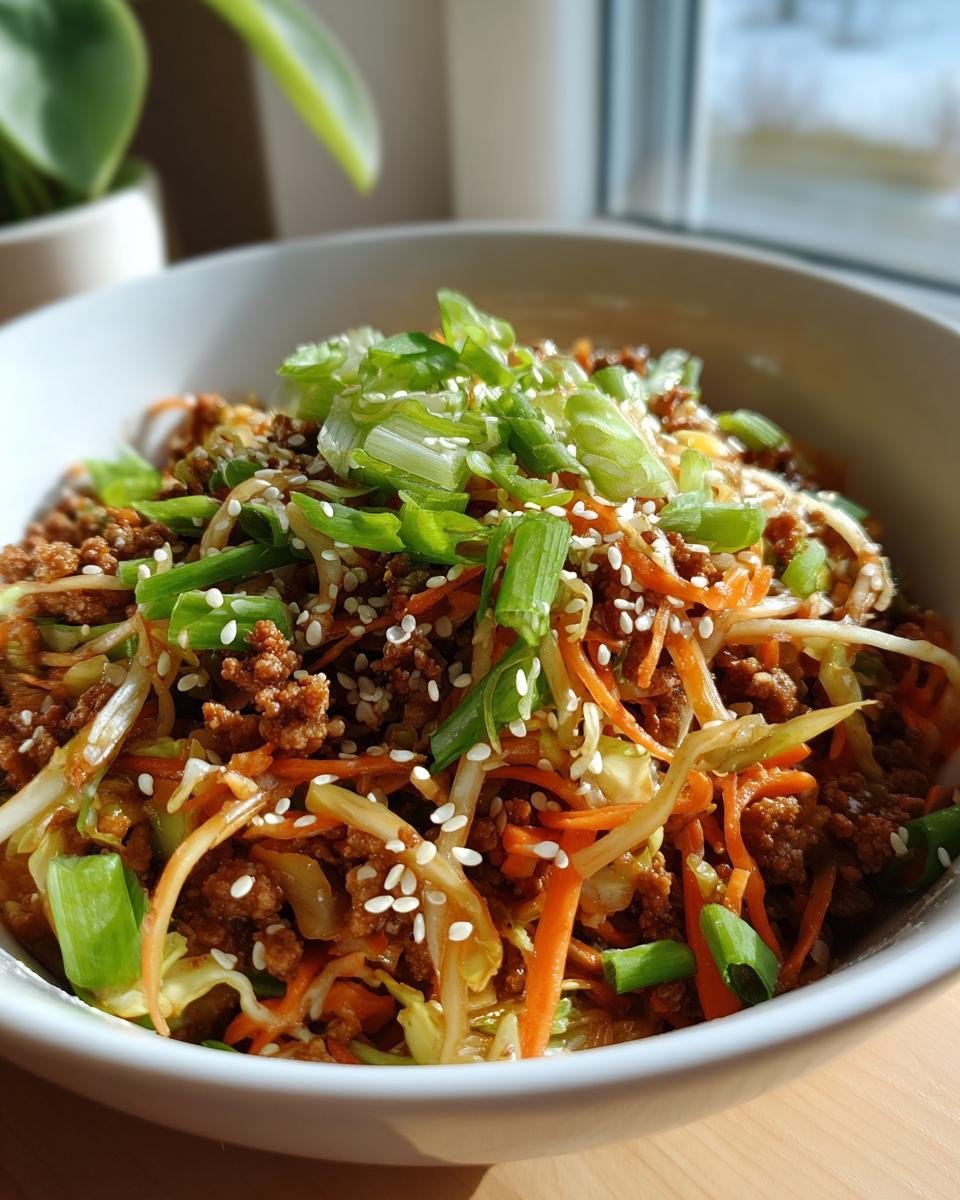 Nahaufnahme einer Sch&uuml;ssel mit unwiderstehlicher Egg Roll In A Bowl, garniert mit Fr&uuml;hlingszwiebeln und Sesam.