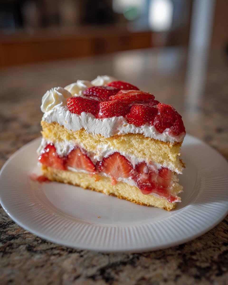 Ein St&uuml;ck unwiderstehliche Erdbeer-Sahne-Torte mit frischen Erdbeeren und Schlagsahne auf einem Teller.