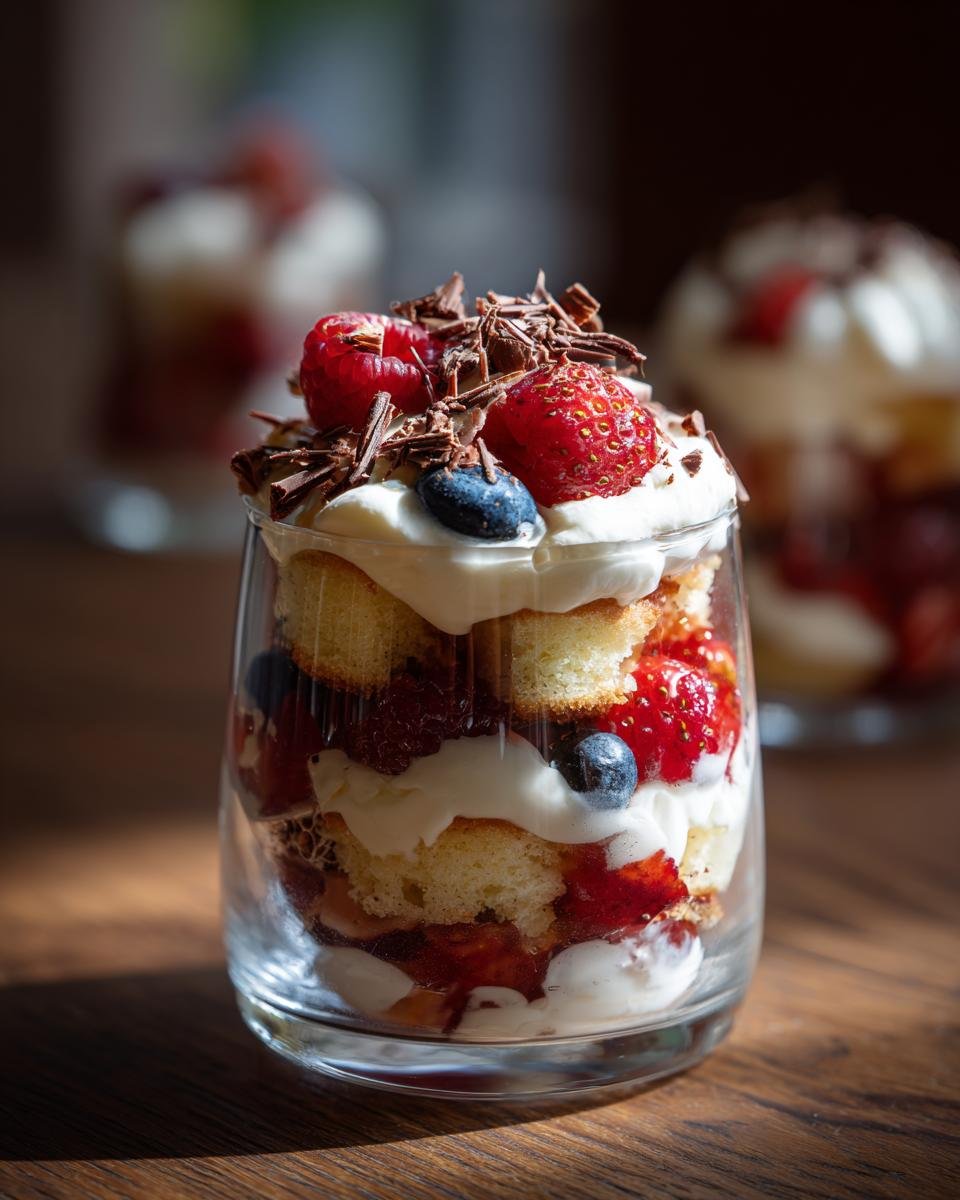 Nahaufnahme eines festlichen Beeren-Trifle-Bechers mit Biskuit, Sahne und frischen Beeren, garniert mit Schokostreuseln.