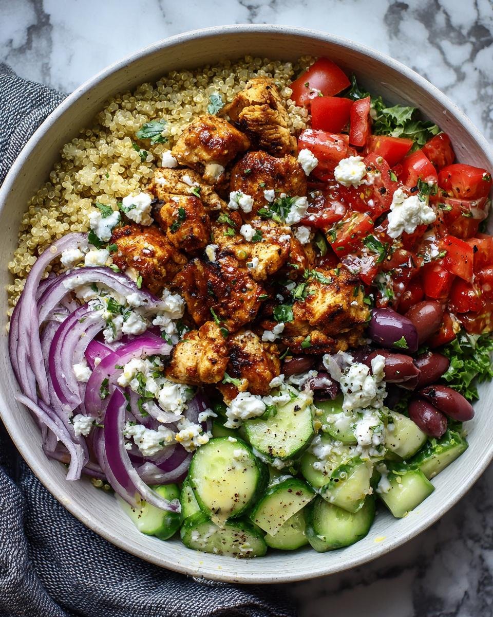 Nahaufnahme einer unwiderstehlichen griechischen Hähnchen-Bowl mit Quinoa, gegrilltem Hähnchen, Tomaten, Gurken, roten Zwiebeln, Oliven und Feta.