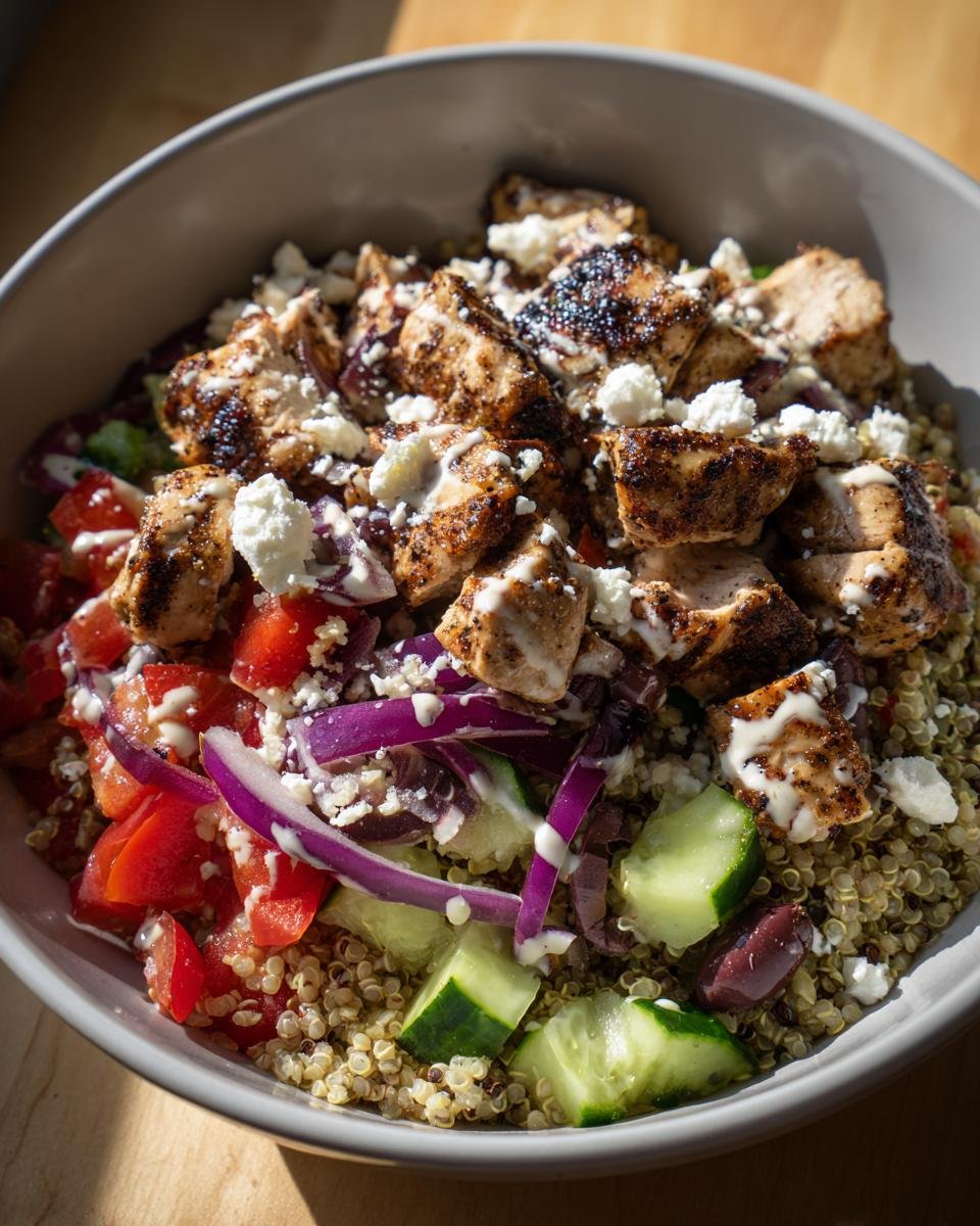Nahaufnahme einer unwiderstehlichen griechischen Hähnchen-Bowl mit Quinoa, gegrilltem Hähnchen, Tomaten, Gurken, roten Zwiebeln, Oliven und Feta.