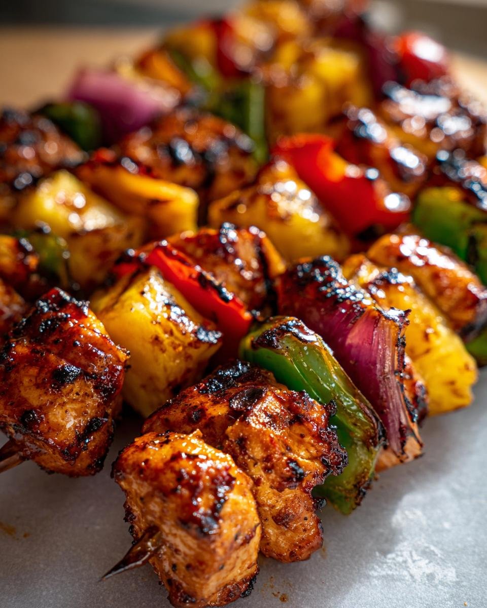 Nahaufnahme von unwiderstehlichen Hähnchen-Ananas-Spießen vom Grill mit gegrilltem Hähnchen, Ananas, Paprika und Zwiebeln.