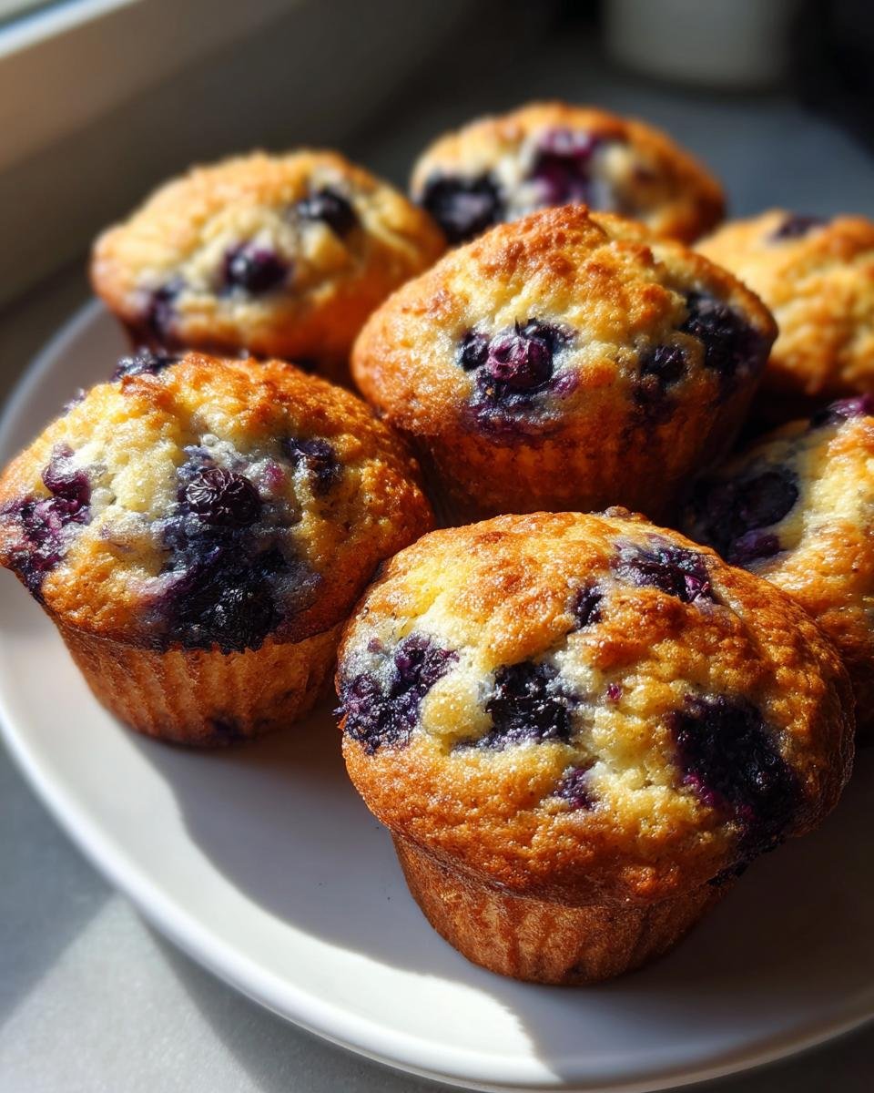 Nahaufnahme von unwiderstehlichen Mini Blaubeermuffins auf einem weißen Teller, mit saftigen Blaubeeren.