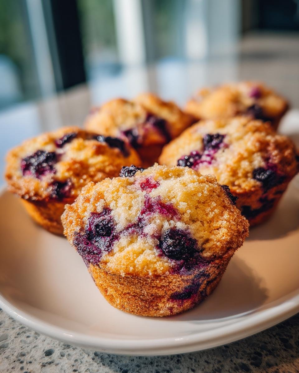 Nahaufnahme von unwiderstehlichen Mini Blaubeermuffins mit saftigen Blaubeeren und knuspriger Kruste auf einem Teller.