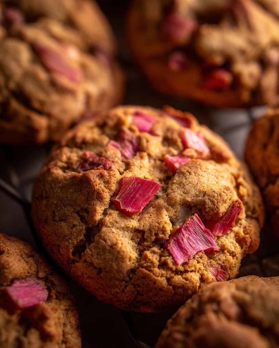 Nahaufnahme von saftigen Rhabarberkeksen mit sichtbaren rosa Rhabarberst&uuml;cken, die zum Reinbei&szlig;en einladen.
