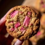 Nahaufnahme einer unwiderstehlichen Rhabarberkeks mit saftigen Rhabarberst&uuml;ckchen, gehalten in einer Hand.