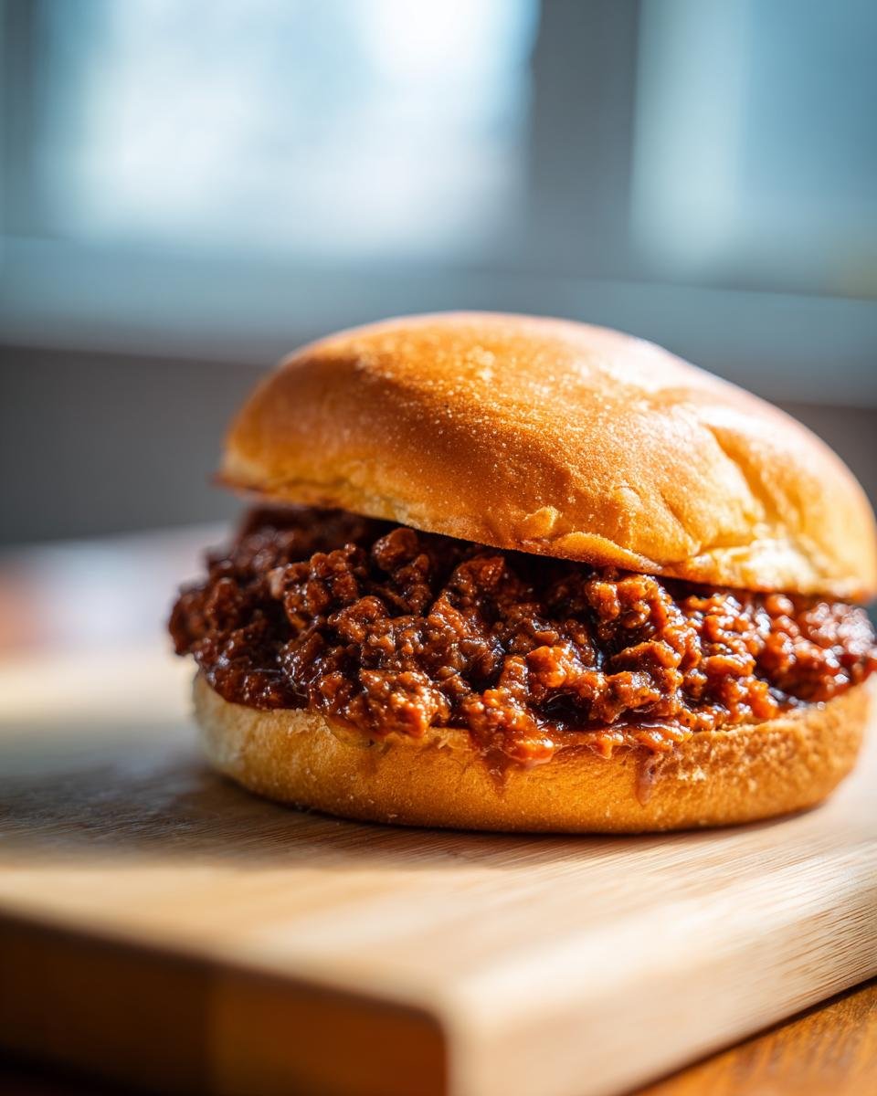Nahaufnahme eines saftigen Sloppy Joe Burgers auf einem Holzbrett, perfekt f&uuml;r ein herzhaftes Essen.