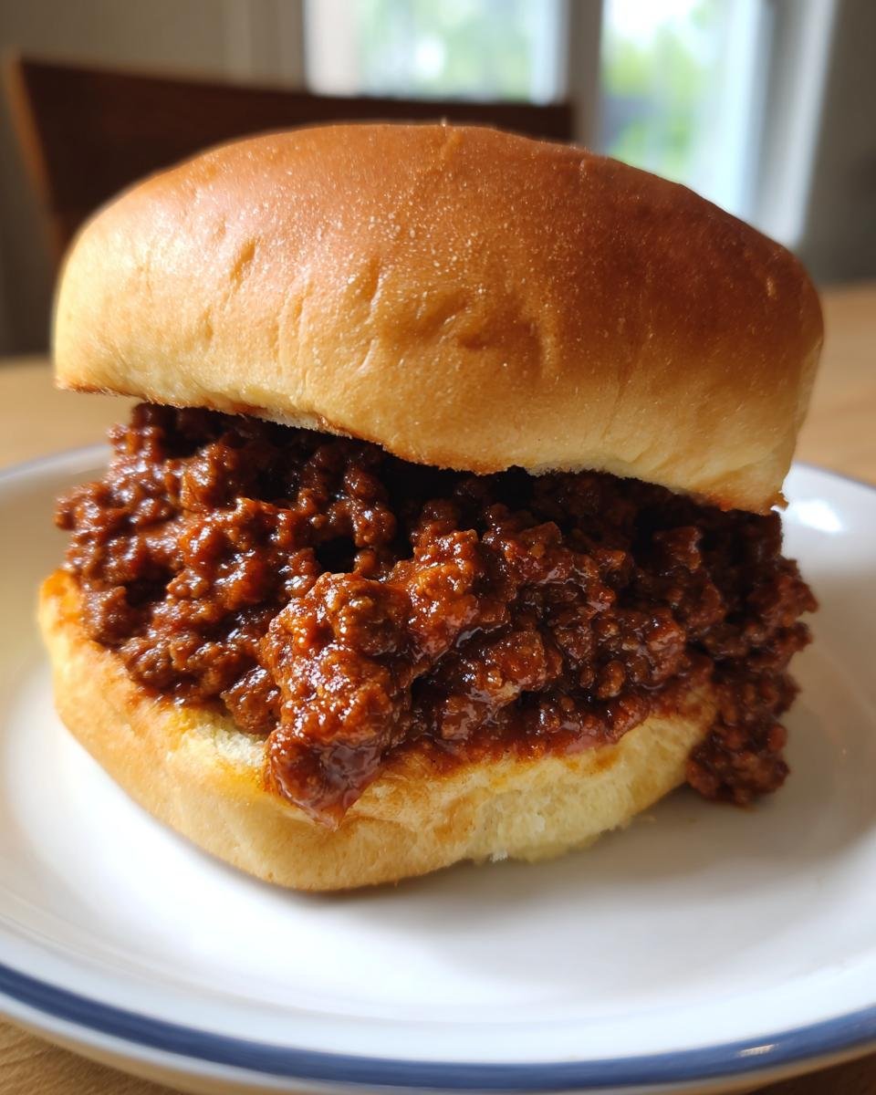 Nahaufnahme eines saftigen Sloppy Joe Burgers auf einem Teller, perfekt f&uuml;r Komfortessen.