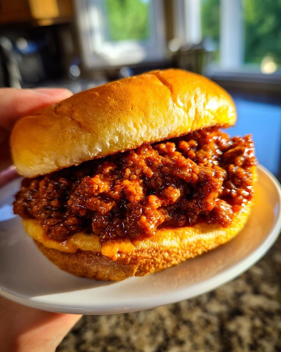 Nahaufnahme eines saftigen Sloppy Joe Sandwiches mit geschmolzenem K&auml;se auf einem Br&ouml;tchen, perfekt f&uuml;r ultimatives Komfortessen.