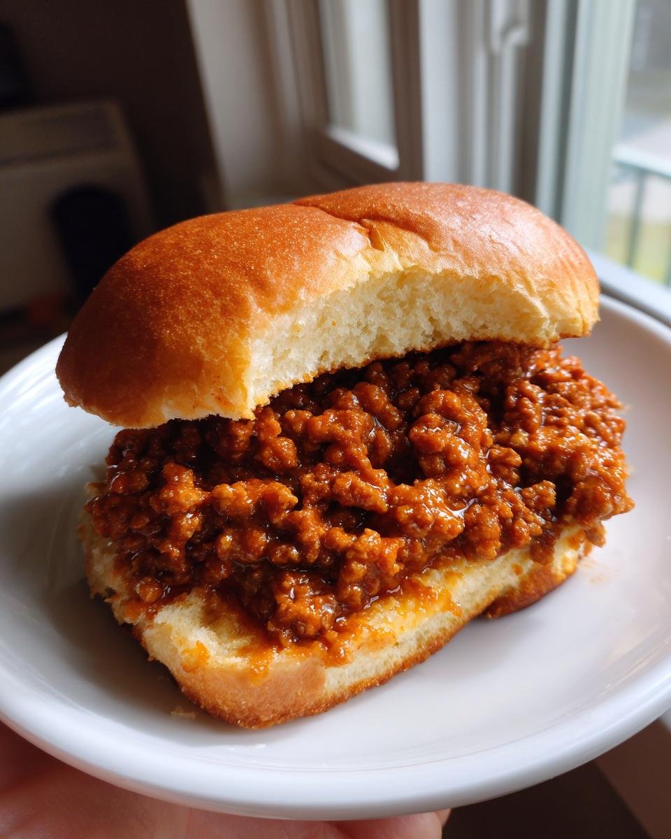 Nahaufnahme eines saftigen Sloppy Joes auf einem Br&ouml;tchen, gef&uuml;llt mit Hackfleischsauce.