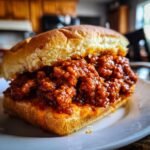 Nahaufnahme eines saftigen Sloppy Joe Sandwiches auf einem wei&szlig;en Teller, gef&uuml;llt mit Hackfleischsauce auf einem Br&ouml;tchen.