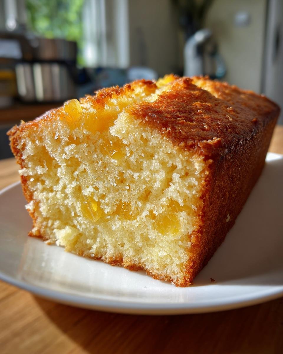 Nahaufnahme eines saftigen St&uuml;cks Ananas-Kuchen mit sichtbaren Fruchtst&uuml;cken und goldbrauner Kruste.