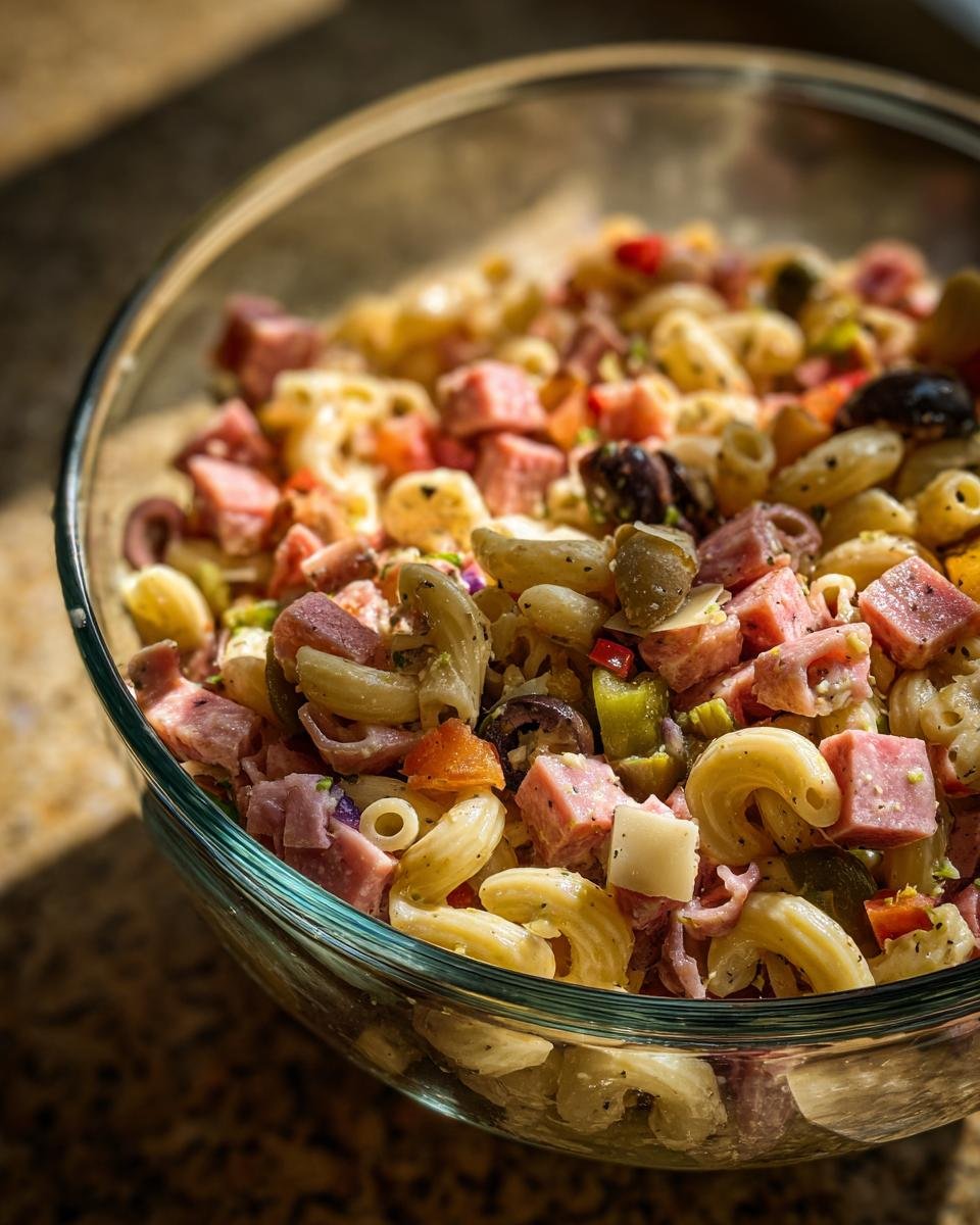 Nahaufnahme eines köstlichen Antipasti-Salats mit Nudeln, Wurst und Oliven in einer Glasschüssel.