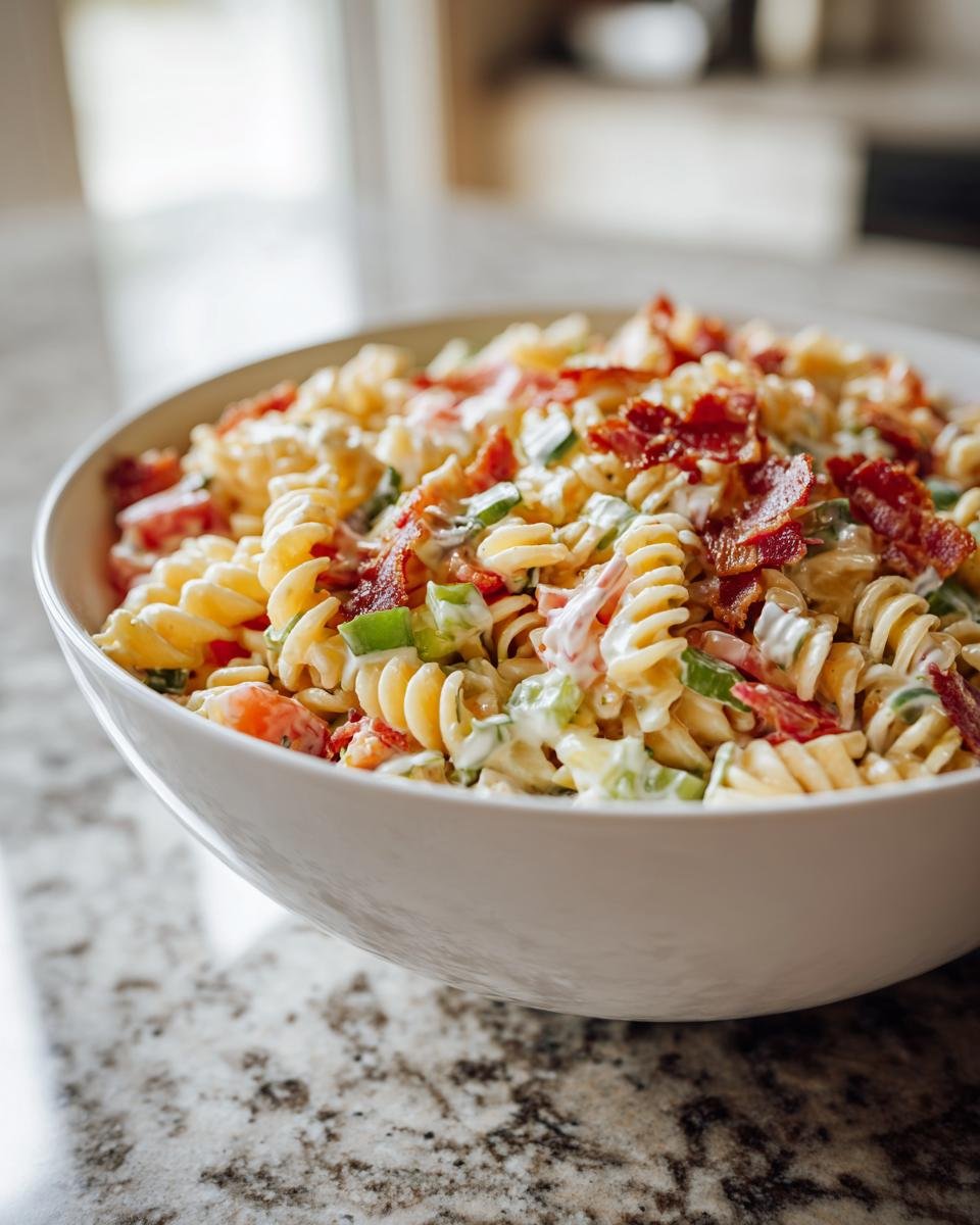 Sch&uuml;ssel mit unwiderstehlichem Bacon Ranch Nudelsalat, garniert mit knusprigem Speck.