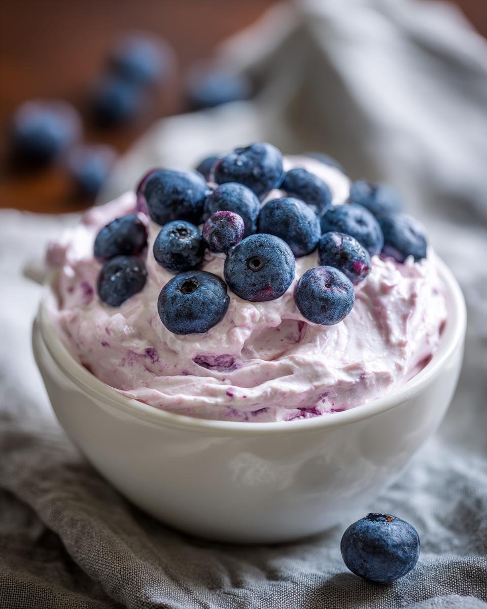 Sch&uuml;ssel mit unwiderstehlichem Blaubeer-Frischk&auml;se-Aufstrich, garniert mit frischen Blaubeeren.
