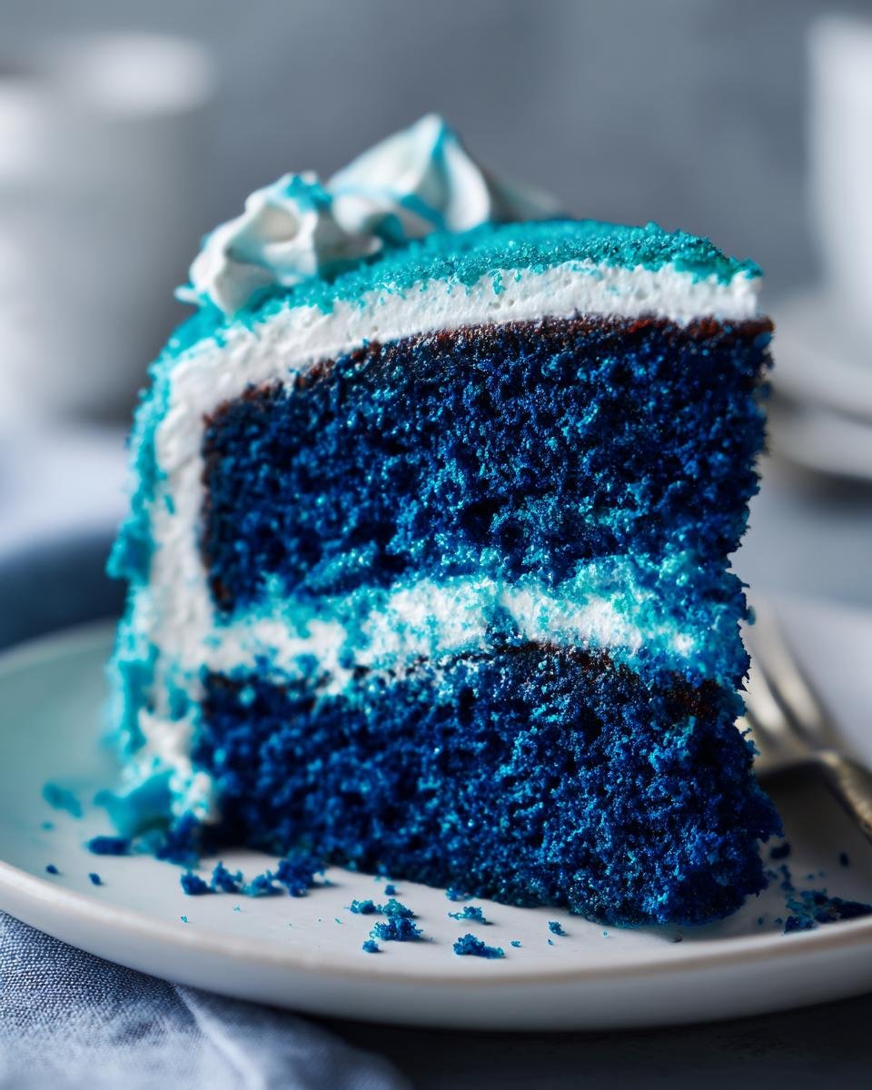 Ein Anschnitt eines unwiderstehlichen Blue Velvet Cakes mit blauem Teig und wei&szlig;er Creme.